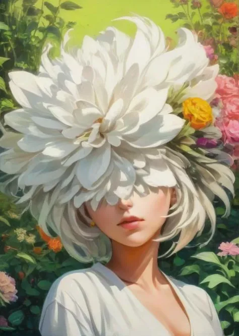 artistic portrait woman, looking at the viewer, (flowerhead:1.4), beautiful long white abstract hairstyle, lips, vintage clothes, strange, oil painting, beautiful garden flowers, colorful vibrant, (vibrant light:1.4), (shadow detailed:1.2), (highly detailed:1.4), anime style, speed art, abstract artistic brush strokes, (beautiful and aesthetic:1.4), masterpiece, realistic surrealist, (surrealist artistic work:1.4), (fisheye:1.6) <lora:Flower.Head:1.50>