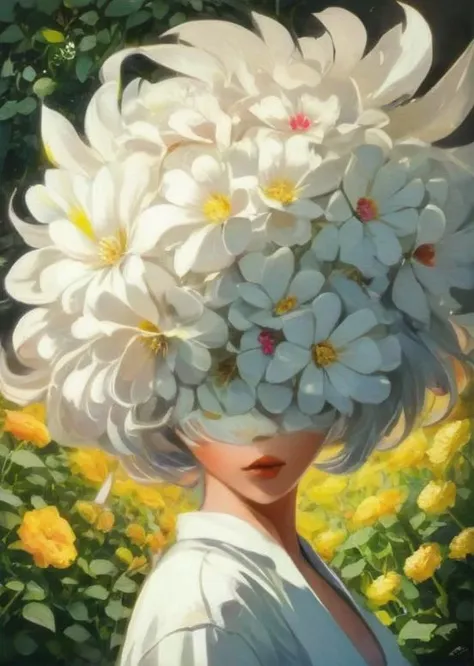 artistic portrait woman, looking at the viewer, (flowerhead:1.4), beautiful long white abstract hairstyle, lips, vintage clothes, strange, oil painting, beautiful garden flowers, colorful vibrant, (vibrant light:1.4), (shadow detailed:1.2), (highly detailed:1.4), anime style, speed art, abstract artistic brush strokes, (beautiful and aesthetic:1.4), masterpiece, realistic surrealist, (surrealist artistic work:1.4), (fisheye:1.6) <lora:Flower.Head:1.50>