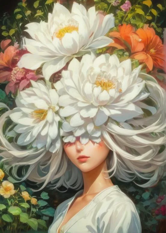 artistic portrait woman, looking at the viewer, (flowerhead:1.4), beautiful long white abstract hairstyle, lips, vintage clothes, strange, oil painting, beautiful garden flowers, colorful vibrant, (vibrant light:1.4), (shadow detailed:1.2), (highly detailed:1.4), anime style, speed art, abstract artistic brush strokes, (beautiful and aesthetic:1.4), masterpiece, realistic surrealist, (surrealist artistic work:1.4), (fisheye:1.6) <lora:Flower.Head:1.50>