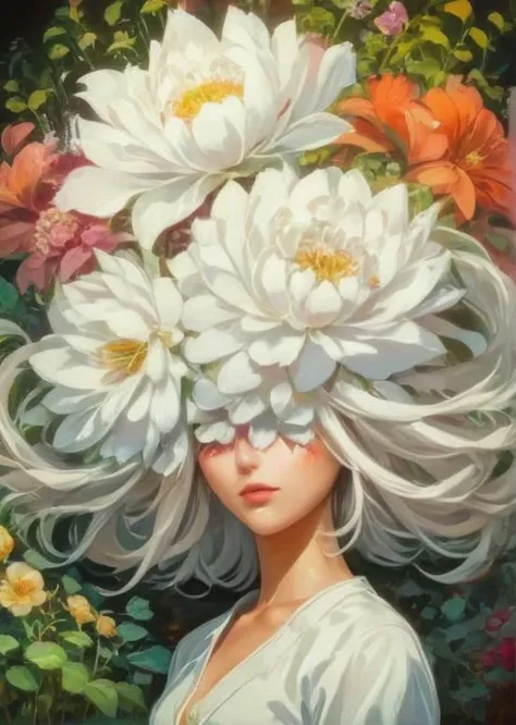 artistic portrait woman, looking at the viewer, (flowerhead:1.4), beautiful long white abstract hairstyle, lips, vintage clothes, strange, oil painting, beautiful garden flowers, colorful vibrant, (vibrant light:1.4), (shadow detailed:1.2), (highly detailed:1.4), anime style, speed art, abstract artistic brush strokes, (beautiful and aesthetic:1.4), masterpiece, realistic surrealist, (surrealist artistic work:1.4), (fisheye:1.6) <lora:Flower.Head:1.50>