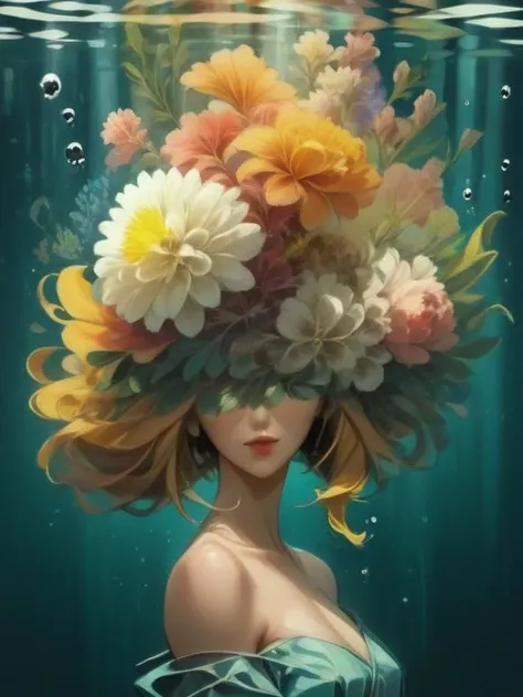 artistic portrait woman, (flowerhead:1.4), under water, goldfish, (beautiful and aesthetic:1.4), masterpiece, surrealist  <lora:Nemesia:1.50>