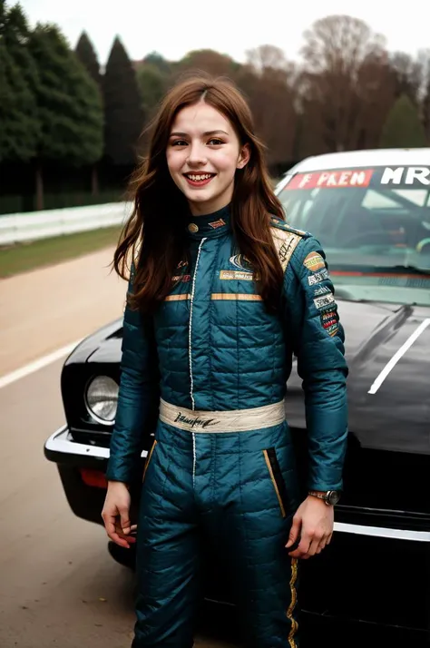 tv_Generic_25yo_Russian, , wearing a full race-car driver suit, standing next to a race-car, winking expression,