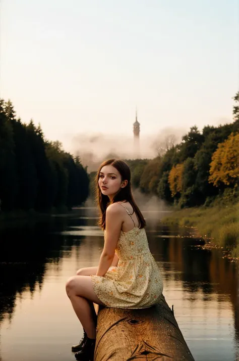 tv_Generic_25yo_Russian, , calm expression, wearing a colorful sundress, sitting on a log at a misty forest pond, golden hour, shot from the side,
