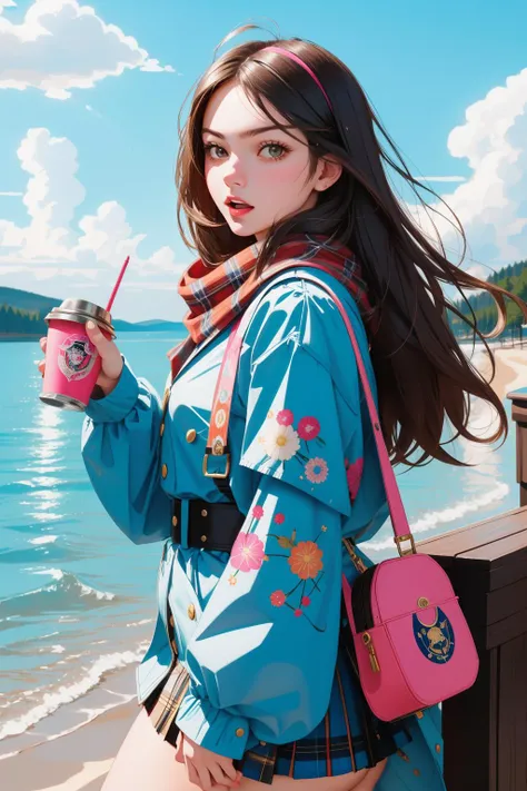 tv_Generic_25yo_Russian, epic Drawing, professional Pastels artwork, Rule of Thirds, medium wide shot of a good-looking [Enticing:Dreamy:4] overweight [Qin Dynasty:Bulgarian:4] (Sibling:1.3) , she is holding a Travel mug, she is screaming, she is Lounging at a Lagoon, in a very Masterpiece costume tailored by Karl Lagerfeld designed by Gianni Versace, she has Beautiful hair, she has a Flaming Gamer fluorescent pink Lipstick, Layered Tartan Scarf, desolate fauna and water, Sunny, Bokeh, pop art, (detailed art by Grayson Perry:1.0) , Proud, award winning, Cloudpunk, Ethereal Lighting, F/2.8, Offset print, Paint splotches, intricate, highly detailed face, realistic and detailed, extremely hyper aesthetic, extremely detailed CG Unity 8k wallpaper