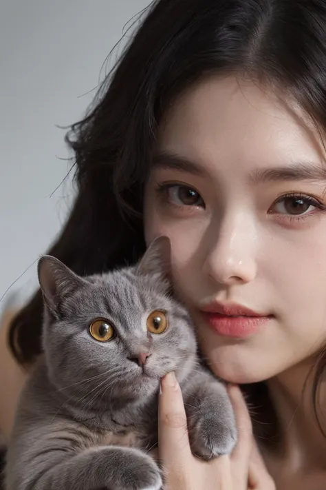 highres, 8k, absurdres, realistic, (Chartreux:1.3),  animal_focus, close up, Chartreux, 1girl, kwf,  cat, animal, realistic, holding animal, jewelry, earrings, blurry, looking at viewer, black hair, holding cat, blurry background, brown eyes, solo, smile, long hair, depth of field, portrait,  holding, holding cat
<lora:Chartreux_v3-000010:0.55>  ,  <lora:kwFemaleBeta32_v13:0.45>