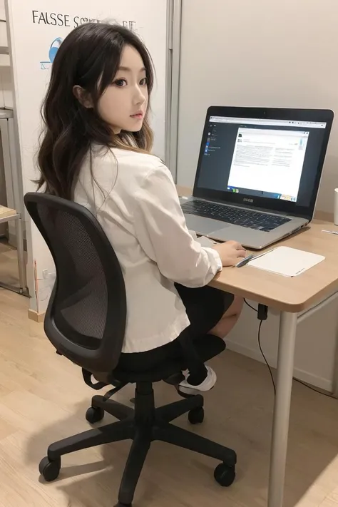 Masterpiece, best quality, 1girl, <lora:kwFemaleBeta32_v13:0.6>, office, laptop, table chair, computer