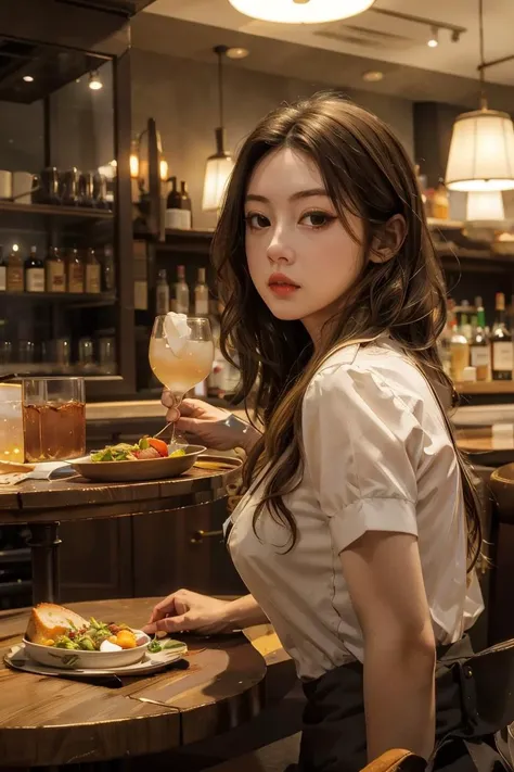 there is a woman sitting at a table with a plate of food, with no cloth in her body