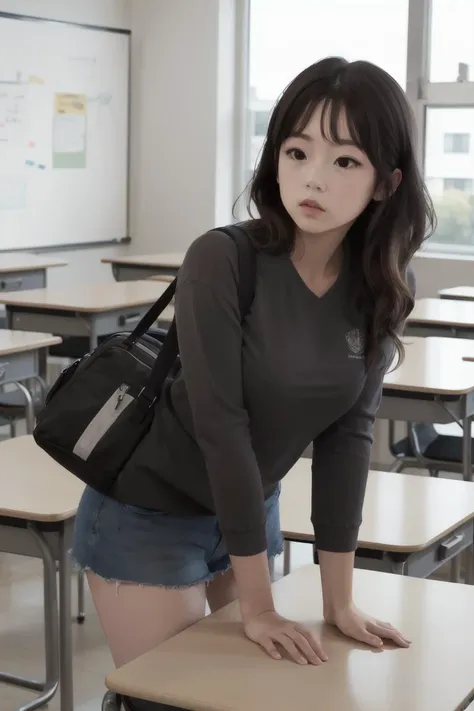 Masterpiece, best quality, 1girl, <lora:kwFemaleBeta32_v13:0.6>,student, classroom, school bag, table