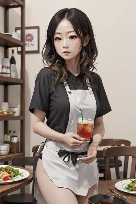 Masterpiece, best quality, 1girl, <lora:kwFemaleBeta32_v13:0.6>, chinses ink painting, waitress,restaurant,food,drink