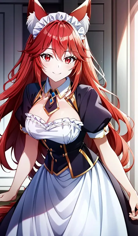 <lora:OGT_Flay-v1:0.7> (extremely detailed CG unity 4k wallpaper),(masterpiece),(best quality),(ultra-detailed),(best illustration),(best shadow),(absurdres),(detailed background) Flay, animal ears, red hair, multiple girls, long hair, 1girl, solo, maid, maid headdress, red eyes, tail, smile, breasts
