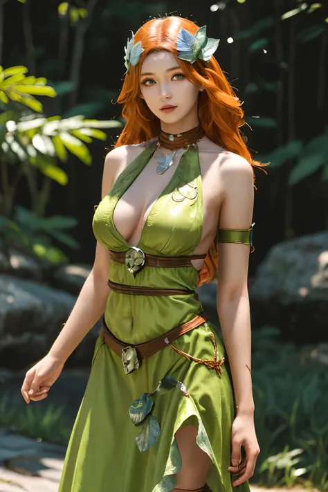 a close up of a woman in a green and green bikini, green swimsuit, poison ivy from batman, big leaf bra, poison ivy, high quality costume, swimsuit, ornate cosplay, monokini, green bikini, is wearing a swimsuit, amouranth, ivy vine leaf and flower top, wearing two - piece swimsuit, keyleth, fantasy outfit, realistic bikini