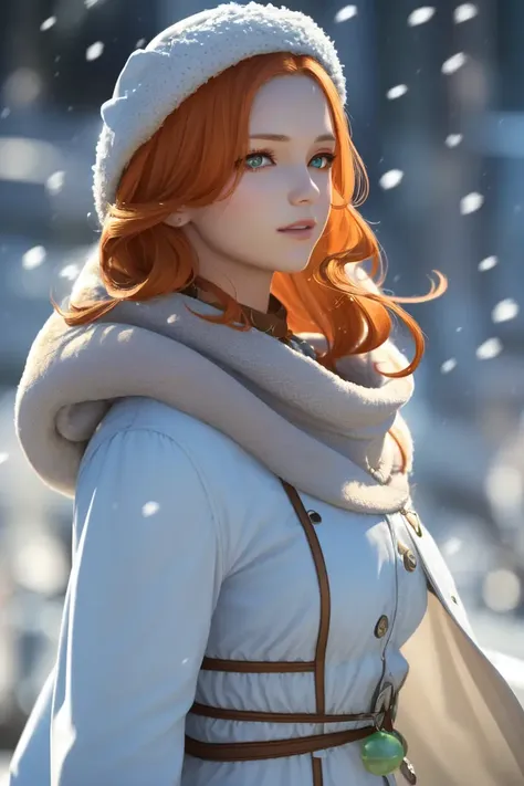 nophica, 1woman, red hair, (green eyes), green necklace, <lora:nophicaV1:0.6>, (sfw), ((motherly)), curvy, milf, (white tshirt), ((winter coat)), (long coat), dior, RAW photo, best quality, high resolution, (masterpiece), (masterpiece), (photorealistic), professional photography, sharp focus, HDR, 8K, intricate detail, sophisticated detail, hyper detailed, (bokeh),half body, female focus, winter night, snowing, particles, ((blurry_background))