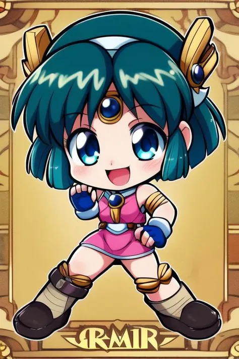 <lora:REMI:1>,REMI, 1girl, green hair, solo, skirt, smile, blue eyes, short hair, open mouth, full body, chibi, fingerless gloves, :d, copyright name, looking at viewer, boots, gloves, knee pads,
masterpiece, high quality, very_high_resolution, large_filesize, full color,