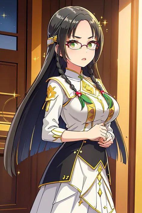 (masterpiece, best quality), 1girl, <lora:Kaede:1> 1girl, solo, long hair, glasses, green eyes, black hair, breasts, braid, sparkle, semi-rimless eyewear, medium breasts, bangs, glint, hair ornament, lens flare,
