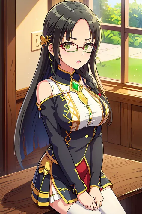 (extremely detailed CG unity 8k wallpaper), (masterpiece), (best quality), (ultra-detailed), (best shadow), 1girl, solo, Litchi Faye Ling, purple eyes, glasses, ponytail, black hair, hair ornament, large breasts, cleavage, standing, smile, teasing, full body, china dress, chinese clothes, chinatown, outdoors