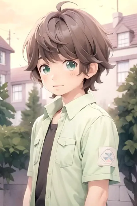 masterpiece, best quality, , 1boy, solo, male focus, looking at viewer, upper body, depth of field, (watercolor illustration, soft pastel colors:1.1), , <lora:agatsuma_omoi_omoware:0.74>, agatsuma_omoi_omoware, brown hair, green eyes, , The Isle of Doom, HDR