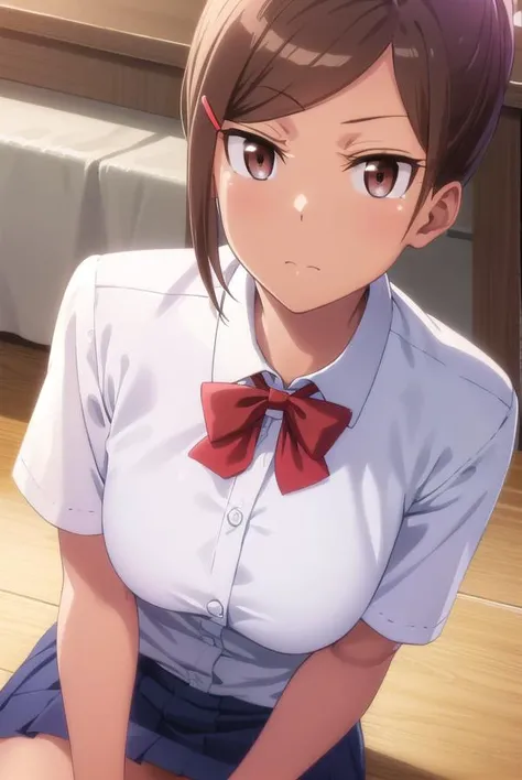ayakauehara, <lora:ayaka uehara s1-lora-nochekaiser:1>,
ayaka uehara, brown hair, hair ornament, (brown eyes:1.5), hairclip, dark skin, hair bun, dark-skinned female, single hair bun,
BREAK skirt, shirt, bow, school uniform, white shirt, short sleeves, collared shirt, bowtie, red bow, red bowtie,
BREAK indoors, classroom,
BREAK looking at viewer,
BREAK <lyco:GoodHands-beta2:1>, (masterpiece:1.2), best quality, high resolution, unity 8k wallpaper, (illustration:0.8), (beautiful detailed eyes:1.6), extremely detailed face, perfect lighting, extremely detailed CG, (perfect hands, perfect anatomy),