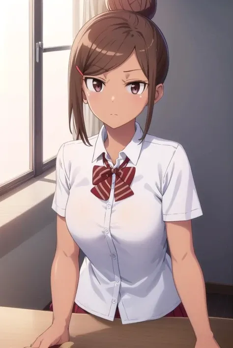 ayakauehara, <lora:ayaka uehara s1-lora-nochekaiser:1>,
ayaka uehara, brown hair, hair ornament, (brown eyes:1.5), hairclip, dark skin, hair bun, dark-skinned female, single hair bun,
BREAK skirt, shirt, bow, school uniform, white shirt, short sleeves, collared shirt, bowtie, red bow, red bowtie,
BREAK indoors, classroom,
BREAK looking at viewer,
BREAK <lyco:GoodHands-beta2:1>, (masterpiece:1.2), best quality, high resolution, unity 8k wallpaper, (illustration:0.8), (beautiful detailed eyes:1.6), extremely detailed face, perfect lighting, extremely detailed CG, (perfect hands, perfect anatomy),
