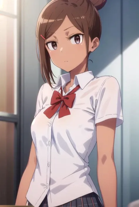​masterpiece, top-quality, Misaka_mikoto, Brown-eyed, Look at viewers, 独奏, Short_hair, Closed_Mouth, Collared_Shirt, up looking_で_viewer, School_uniform, Short shirt, white_Shirt, No skirt.Medium_Breast, ‎Classroom、Show off panties,see through shirts、Open chest