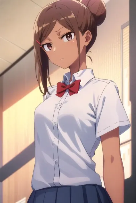 ayakauehara, <lora:ayaka uehara s1-lora-nochekaiser:1>,
ayaka uehara, brown hair, hair ornament, (brown eyes:1.5), hairclip, dark skin, hair bun, dark-skinned female, single hair bun,
BREAK skirt, shirt, bow, school uniform, white shirt, short sleeves, collared shirt, bowtie, red bow, red bowtie,
BREAK indoors, classroom,
BREAK looking at viewer,
BREAK <lyco:GoodHands-beta2:1>, (masterpiece:1.2), best quality, high resolution, unity 8k wallpaper, (illustration:0.8), (beautiful detailed eyes:1.6), extremely detailed face, perfect lighting, extremely detailed CG, (perfect hands, perfect anatomy),