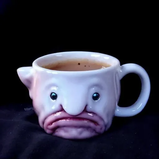 bl0bf1sh in a mug,  <lora:blobfish-000140:1>, 8k, highly detailed, simple background