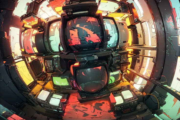 (masterpiece, best quality), (wide angle view:1.3, fisheye:1.5), studio room, cluttered space, (neon_pop style art:1.2, cinematic lighting:1.2), green, blue, (astraaligraffiti, graffiti wall:1.2), <lora:add_detail:0.3>