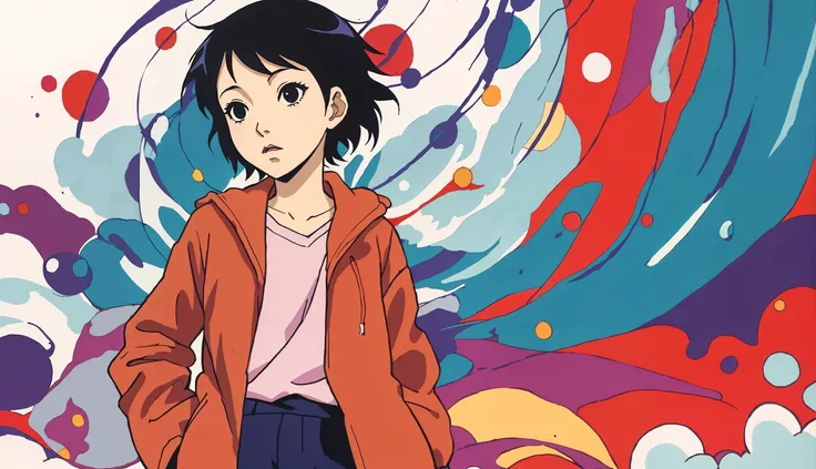 dynamic angle, 1girl, jacket, abstract background, (Satoshi Kon anime art style),  <lora:add_detail:0.6>