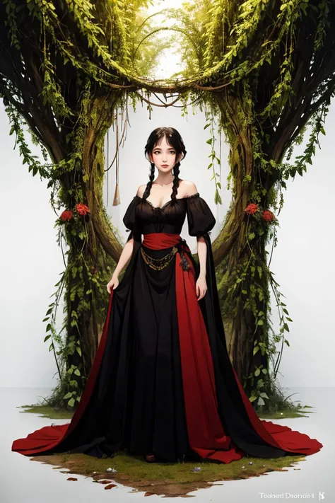 (art by Thomas Dodd) (full body shot) fairy mystic woman in post-war forest, symmetrical face, beautiful eyes, pale white skin, short black hair and long wild braid wearing a red dress made of flowers standing around her waist covered with small mushrooms and vines. In style of Yoji Shinkawa and Hyung-tae Kim, trending on ArtStation, dark fantasy