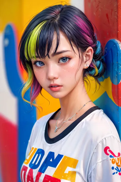 A close up of a person with a colorful hair and a shirt - SeaArt AI