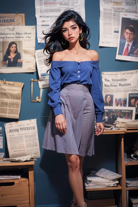 (dynamic angle view:1.3), (bokeh, cinematic composition, depth of field:1.24), 1girl,solo, curvy, wide hips, medium breast, office outfit, skirt, high heels, full body, blue shirt, standing, pantyhose, jewelry, earrings, looking at viewer, realistic, portrait, hoop earrings, black hair, long hair, off-shoulder, reveal both shoulders, clavicle, ((newspaper background, office background)), <lora:Newspaper:1>