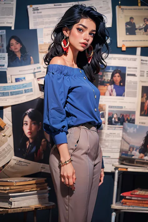 (dynamic angle view:1.3), (depth of field:1.2), 1girl,solo, curvy, wide hips, medium breast, office outfit, skirt, high heels, full body, blue shirt, standing, pantyhose, jewelry, earrings, looking at viewer, realistic, portrait, hoop earrings, black hair, long hair, off-shoulder, reveal both shoulders, clavicle, newspaper background, <lora:Newspaper:1>