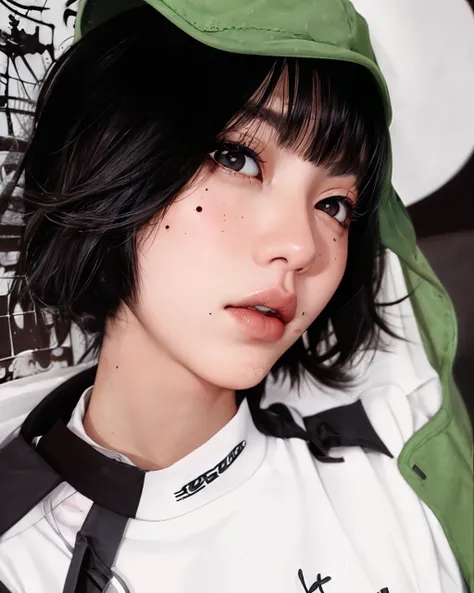 1girl, artist name, asian, bangs, black eyes, black hair, blunt bangs, hat, lips, looking at viewer, mole, mole under eye, realistic, signature, solo, (depth of field:1.2),