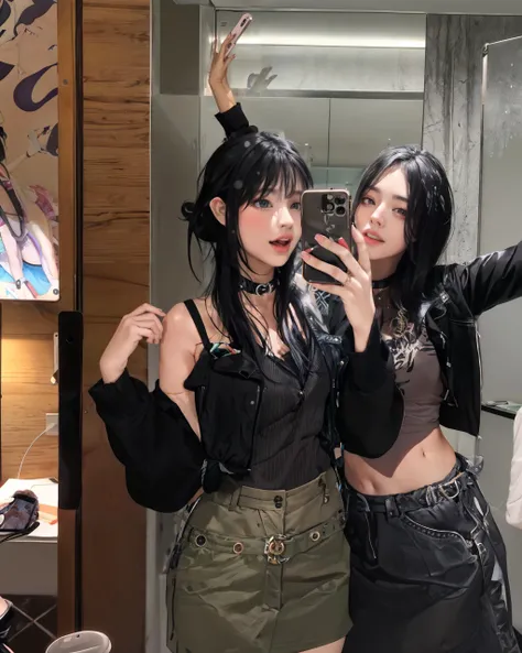 2girls, black hair, cellphone, choker, jacket, midriff, multiple girls, navel, phone, selfie, skirt, smartphone