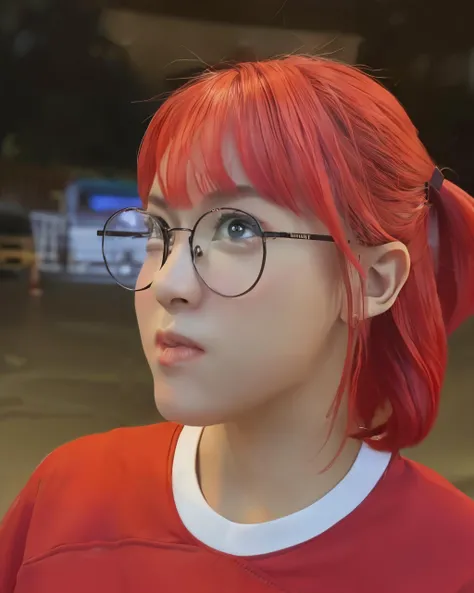 1girl, bangs, blurry, blurry background, depth of field, glasses, lips, red hair, round eyewear, solo, 
