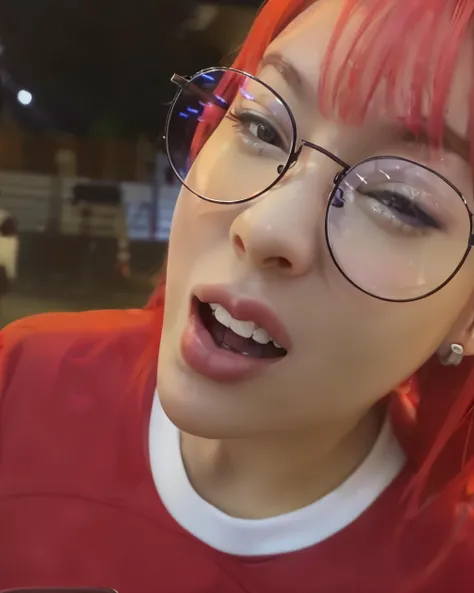 1girl, blurry, blurry background, depth of field, glasses, lips, lipstick, looking at viewer, nose, open mouth, realistic, red lips, round eyewear, solo, teeth, tongue,