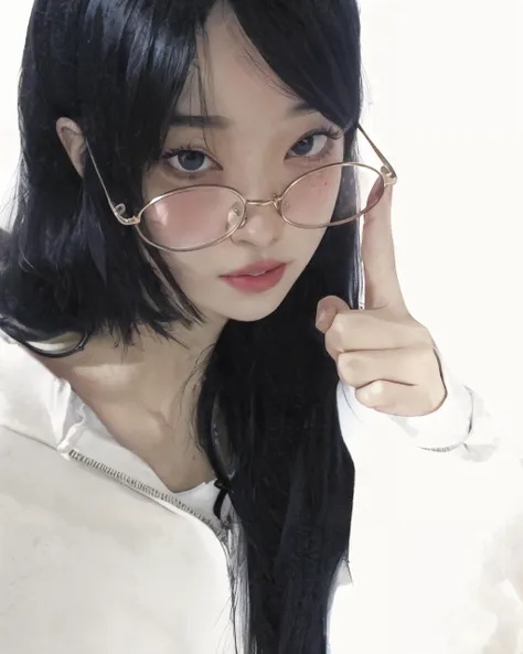 1girl, bangs, black hair, closed mouth, glasses, lips, long sleeves, looking at viewer, realistic, round eyewear, shirt, short hair, solo,