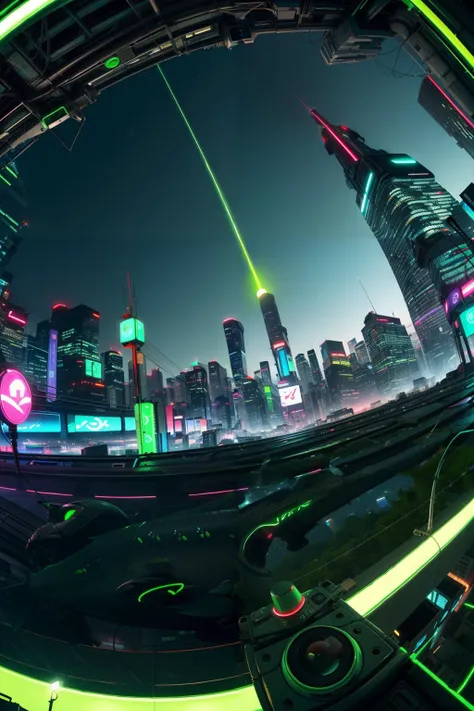 (wide angle view:1.1), cyberpunk cityscape, futuristic, (green_neon color:1.2), no human, no humans,