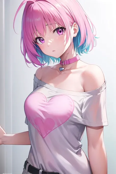 riamuyumemi, <lyco:riamuyumemi-lyco-nochekaiser:1>,
riamu yumemi, ahoge, blue hair, hair intakes, multicolored hair, (pink eyes:1.5), pink hair, short hair, two-tone hair,
BREAK (bone print:1.5), bare shoulders, barefoot, belt collar, choker, collarbone, heart, heart collar, heart-shaped lock, jewelry, off shoulder, pink choker, pink collar, ring, shirt, short sleeves, t-shirt,
BREAK looking at viewer, full body,
BREAK indoors,
BREAK <lyco:GoodHands-beta2:1>, (masterpiece:1.2), best quality, high resolution, unity 8k wallpaper, (illustration:0.8), (beautiful detailed eyes:1.6), extremely detailed face, perfect lighting, extremely detailed CG, (perfect hands, perfect anatomy),