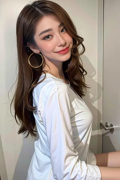 8k, ralistic, highres,high quality, photorealistic, smiling, 1girl, looking at viewer, brown hair, white shirt, hoop earrings, simple background, <lora:myslinlora:0.9>