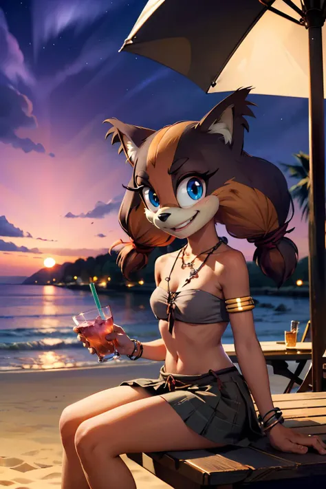 3d,kemono,A female siamese cat furry, ivory fur, siamese cat, scarlet ponytail hair with seperated bangs, sharpen yellow eyes,slender, big breasts, black fur on nose&arms&legs&ears, bikini, in night pool party , thick thigh, sfw, holding alchol glass, flushing, joyful, enchanted, fangs,