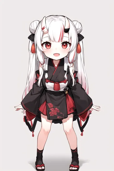 Masterpiece, best quality, 1girl, (nakiri ayame:1.1), double bun, streaked hair, red eyes, oni horns, white hair, medium breasts, gradient hair, fang, tassel hair ornament, hands on knees, standing, cute chibi, full body, white background, simple background,