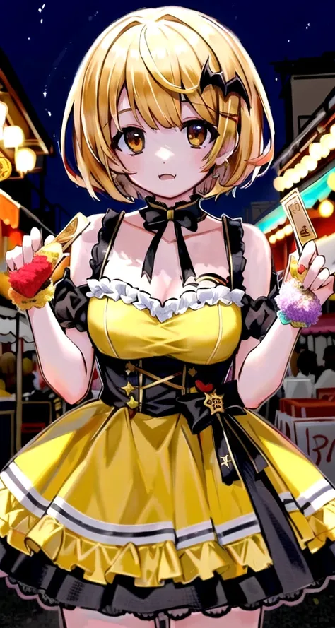 detailed background, (exceptional, best aesthetic, new, newest, best quality, high quality, masterpiece, extremely detailed:1.3), 1girl, solo, yozora mel, blonde hair, short hair, skin fang, orange eyes, large breasts, looking at viewer, :<, outdoors, carnival, food stalls, colorful, clowns,