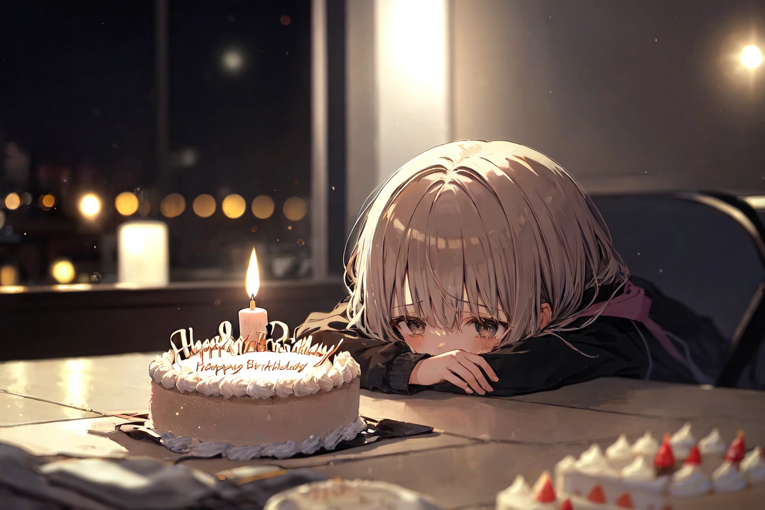 <lora:darkKukiv1:0.6>, 1girl, cafe, city, night, cozy, sitting, (depth of field:1.3), bokeh, (birthday cake:1.3), alone, solo, sad,, detailed background, masterpiece, best quality,