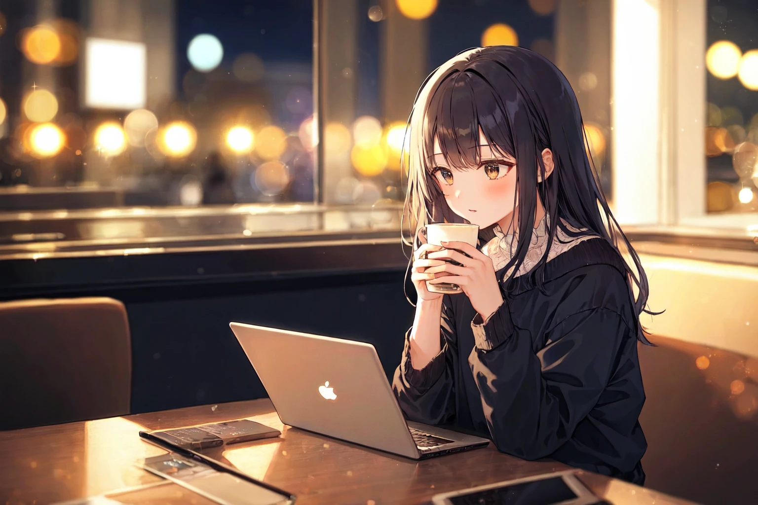 <lora:darkKukiv1:0.6>, 1girl, cafe, city, night, cozy, sitting, reading, (depth of field:1.3), laptop, bokeh, coffee, cake,, detailed background, masterpiece, best quality,