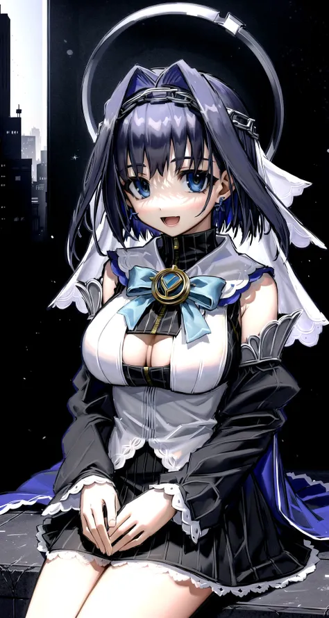 detailed background, (exceptional, best aesthetic, new, newest, best quality, high quality, masterpiece, extremely detailed:1.3), 1girl, solo, ouro kronii, blue hair, short hair, hair intakes, chain headband, veil, (halo:0.6), [large breasts:huge breasts:0.5], looking at viewer, :d, city, cityscape, sitting, hands on lap, three sided view