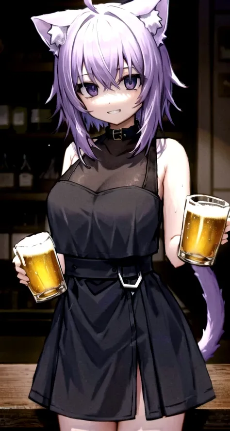 detailed background, (exceptional, best aesthetic, new, newest, best quality, high quality, masterpiece, extremely detailed:1.3), 1girl, solo, nekomata okayu, cat ears, cat tail, purple eyes, purple hair, ahoge, crossed bangs, large breasts, looking at viewer, evil grin, bar, mugs of beer, shelves of alcohol,