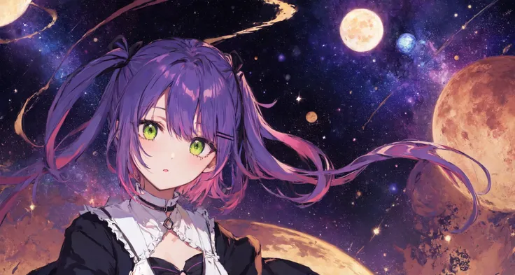 detailed background, masterpiece, best quality, tokoyami towa, purple hair, twintails, green eyes, o3o, space, outer space, planets, sun, moon, galaxy, stars, floating in space, dark