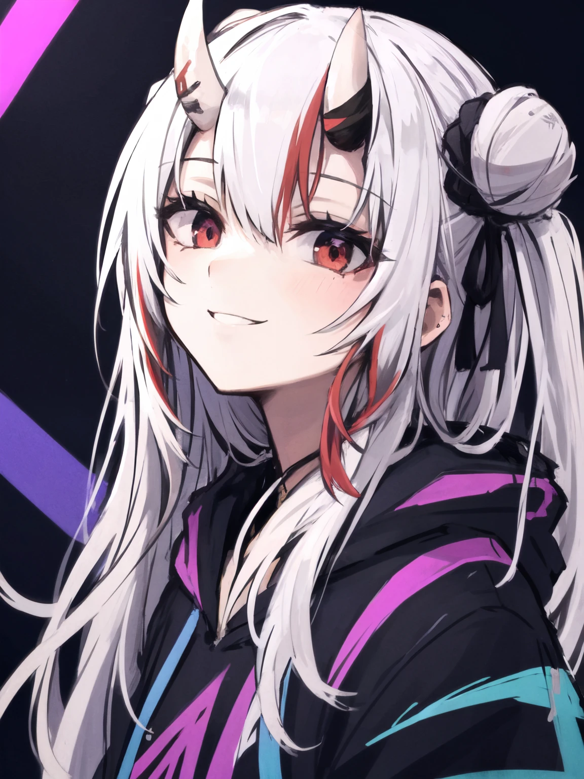detailed background, masterpiece, best quality, smile, nakiri ayame, streaked hair, oni horns, white hair, twin buns, red eyes, smile, hoodie, portrait, neon, graffiti, dark, night, glowing eyes, blacklight