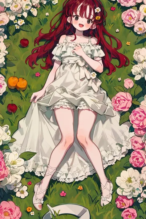 (from_above), 1girl, lying, full_body, golden_hair, hair_ornament, solo, black eyes, red hair, long_hair, bare_legs, girl_in_flowers, white dress, many flowers,masterpiece, highres, blush, hidden_hands, flowers_on_body, fruit, flowers, candy, open mouth, smile<lora:GuihuagaoSomeSortOf_v10:1>,