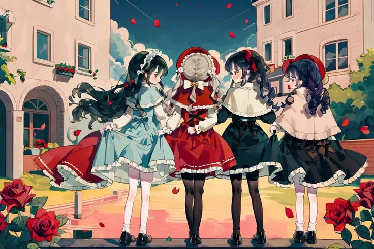 (6+girls:1.2), shinku, bonnet, blue dress, black hair, rose, long hair, black eyes, flower, red flower, outdoors, looking at viewer, twintails, red rose, petals, long sleeves, bow, building, skirt hold, bangs, capelet, black footwear, full body, standing, falling petals, red headwear, blush, bowtie, frills, parted lips, red capelet, pantyhose, sidelocks, drill hair, black bow, day, frilled dress, very long hair, shoes, floating hair, rose petals, black pantyhose, window, plant <lora:GuihuagaoSomeSortOf_v10:1>